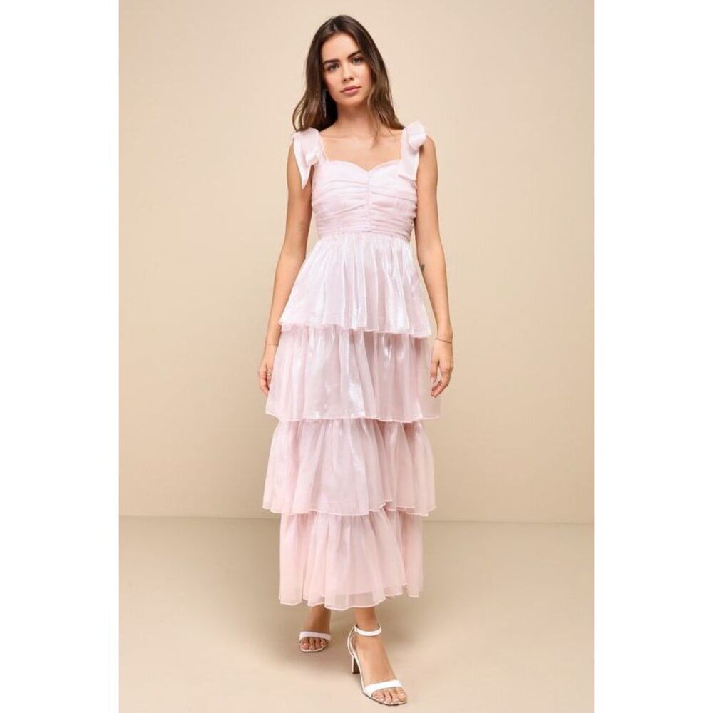 Lulus Radiant Arrival Shiny Pink Organza Tiered Tie-strap Maxi Dress - Size M